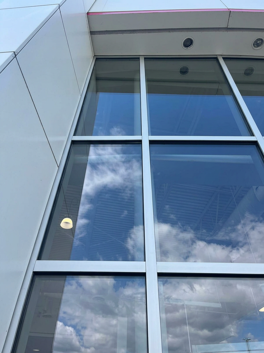 Spotless commercial building windows reflecting sky after cleaning
