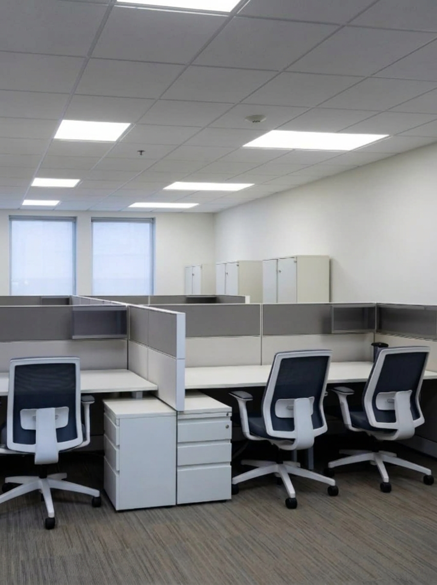 Furnished commercial office cubicles with clean carpet and surfaces