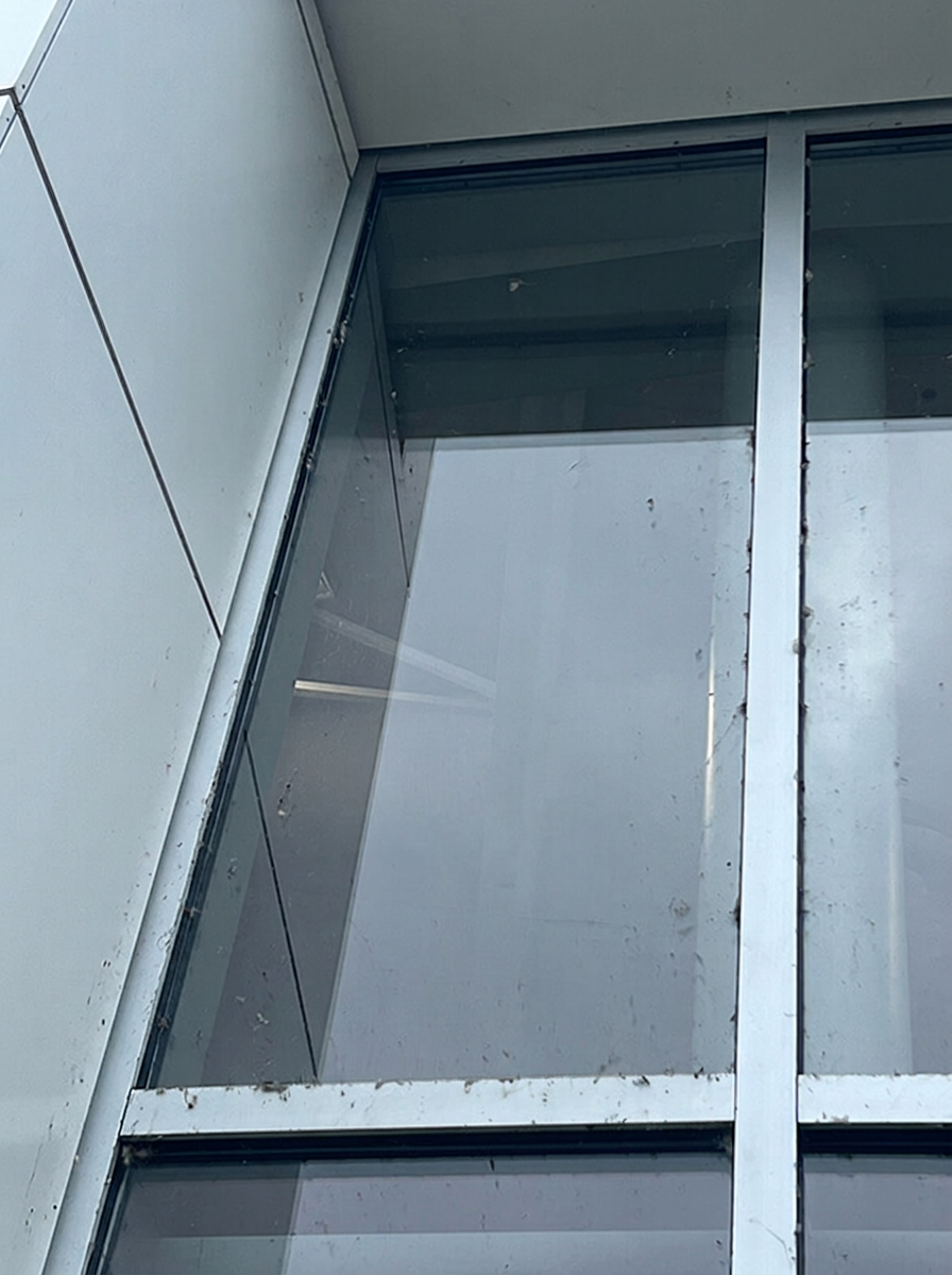 Commercial building windows with dirt and spotting before cleaning